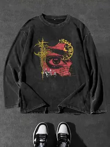 Men's Washed Vintage Round Neck Long Sleeve T-Shirt, Casual Fitted Design, Random Print Pattern, All Seasons Wear, Comfortable Fit, Menswear