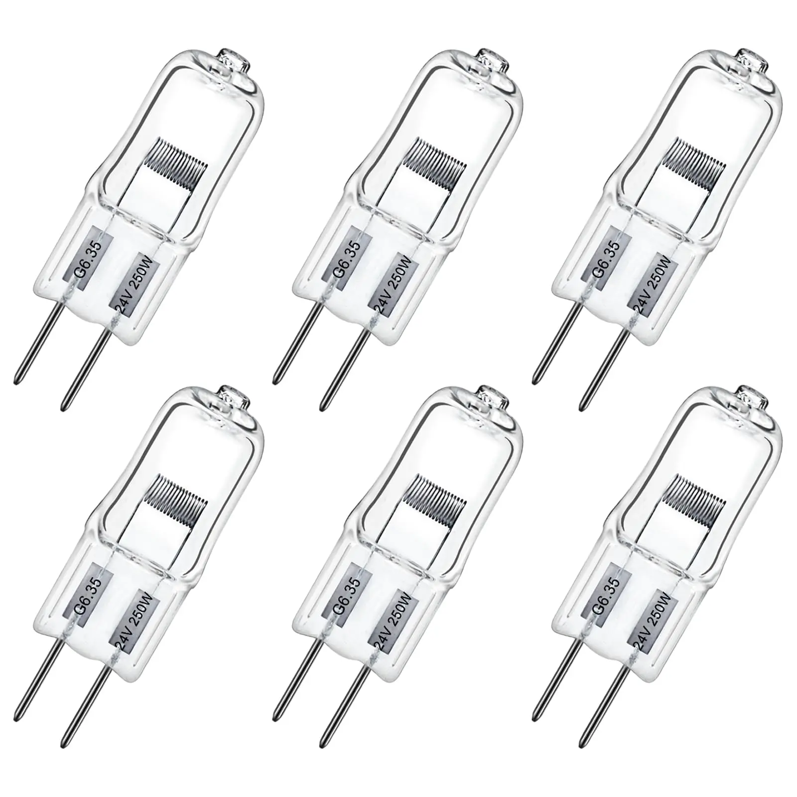 G6.35 Halogen Bulbs,24v 250w Bulb Mini Spotlight Bulbs 2 Pin Clear Capsule Lamp Bulb,Dimmable 2700K Warm White Light Bulbs (6Pack)