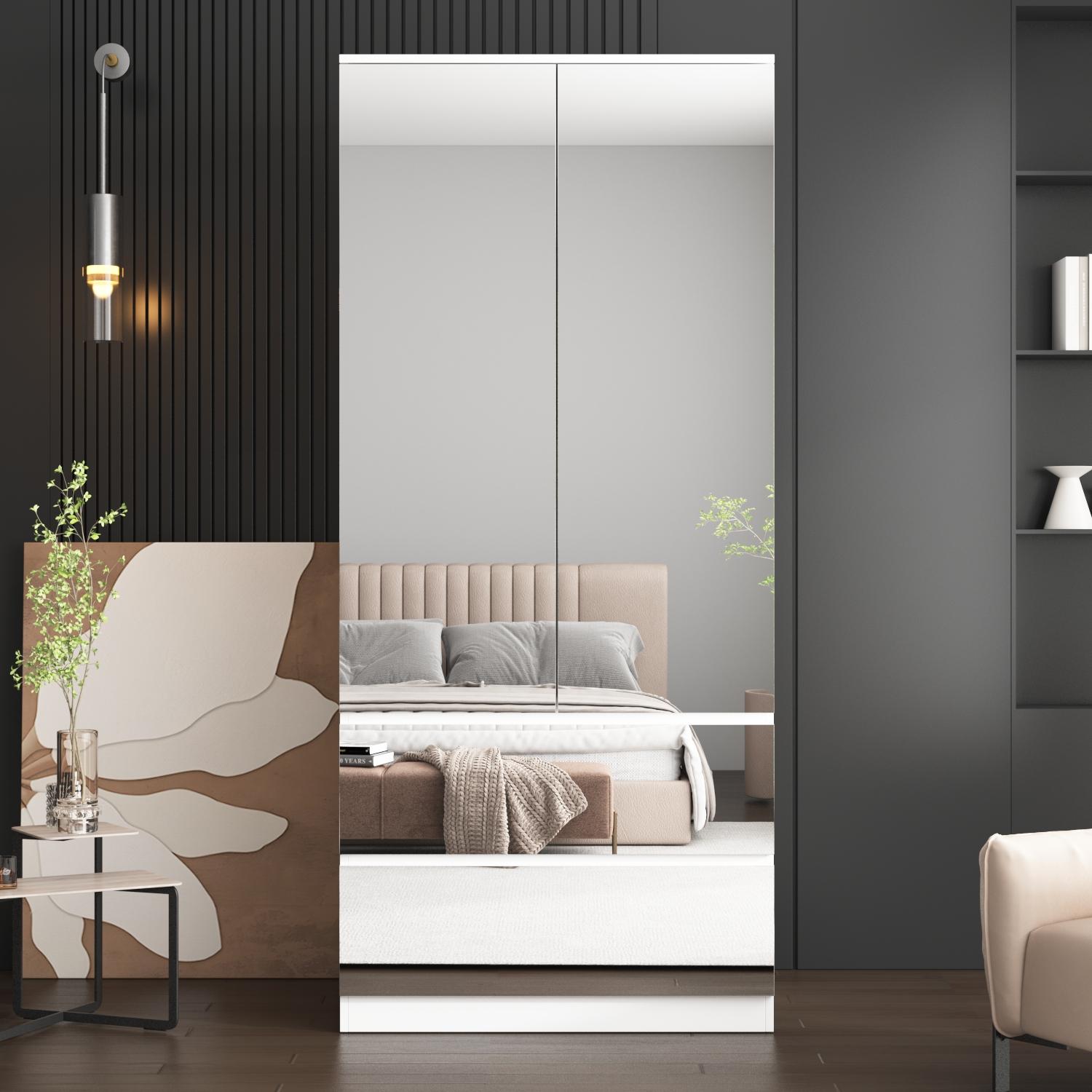 FUFU&GAGA 3 Types Mirror Wardrobe Armoire with Drawers, Full Length Glass Mirrors, 2 Smooth Sliding Drawers & Hanging Rod for Bedroom Storage FUFU&GAGA 3 Types Mirror Wardrobe Armoire with Drawers, Full Length Glass Mirrors, 2 Smooth Sliding Drawers & Hanging Rod for Bedroom Storage