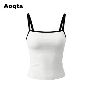 Aoqta Y2K Sexy Stretch Workout Tank Women Square Neck Halter Top Black & White Contrast Trim Breathable for Gym Streetwear Daily