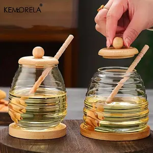 Glass Honey Jar with Wooden Lid & Stirring Rod, 1 Count Transparent Honey Bottle, Airtight Syrup Dispenser for Home Kitchen, Containers, Glass Storage Containers