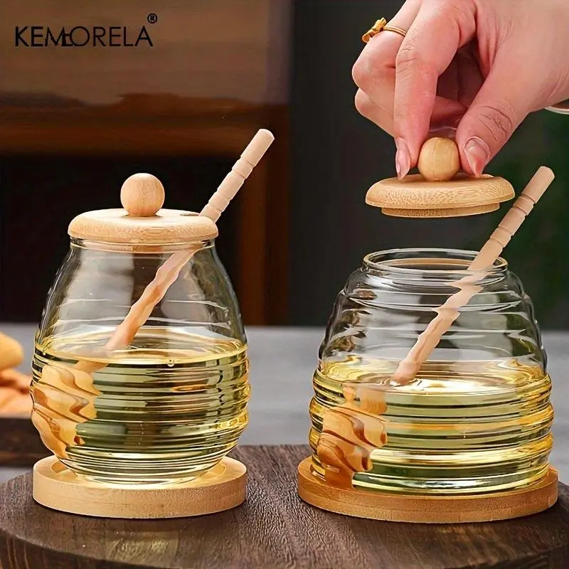 Glass Honey Jar with Wooden Lid & Stirring Rod, 1 Count Transparent Honey Bottle, Airtight Syrup Dispenser for Home Kitchen, Containers, Kitchen Preservation Container, Glass Storage Containers, Airtight Glass Jars