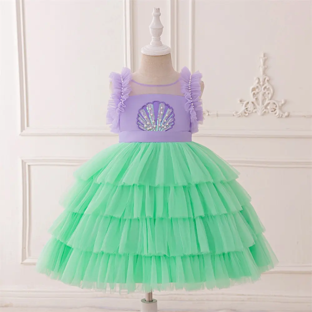 3-8Y Lilac 023 Cartoon Cosplay Costume Fancy Carnival Kids Clothes Performance Princess Theme Party Holiday Girls Beading Mesh Layered Ball Gown Children Cocktail Dress