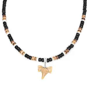 Cocoa Bead Shark - Fossil Sharks Tooth Necklace