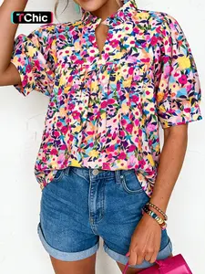 Summer Casual Floral Print Pleated Collar Bubble Short Sleeve Shirt, Chic Casual Bohemian, Casual Boho Blouses, Casual Blouse Shirts, Women's Fashion Top, Comfortable and Stylish, Perfect for Daily Wear