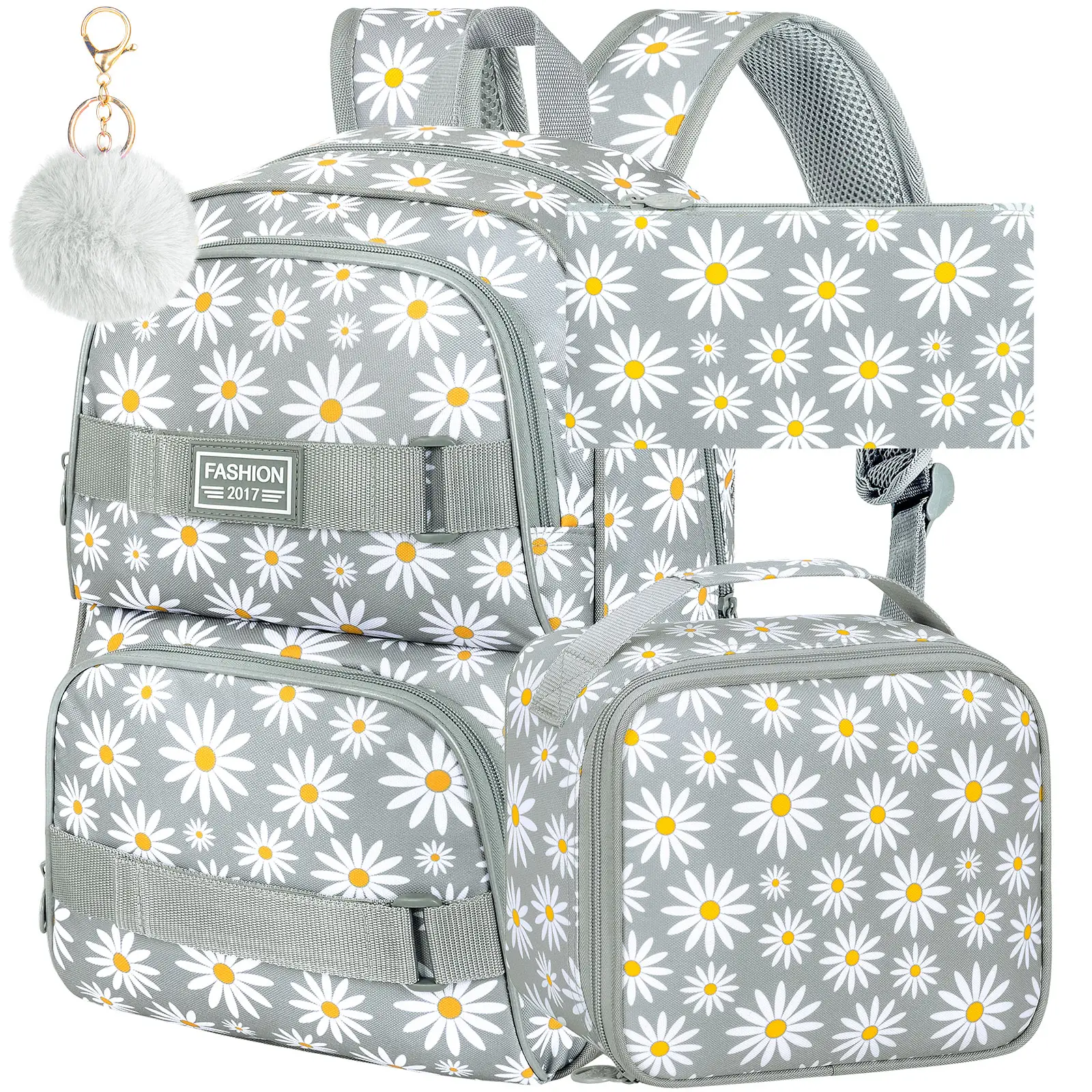 3PCS Daisy Girls Backpack, 17 Inch Laptop School Bookbag Teen College Water Resistant Kids Backpacks with Lunch Box Set - Grey