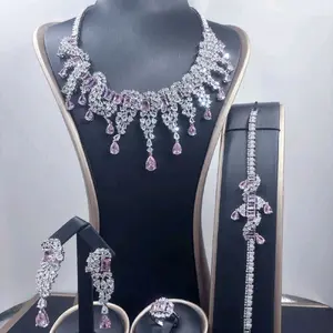 Luxury Jewelry Set featuring a Stunning Rhinestone Necklace, Earrings, Bracelet, and Ring with Pink Gems