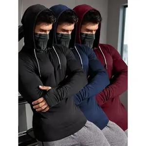 Men’s solid thumbhole design sports hooded tee, casual long-sleeve hooded top for outdoor workouts and running, men’s sportswear for all seasons, Father’s Day gift, gym shirts, quality hoodie, breathable workout tops, outdoor clothing