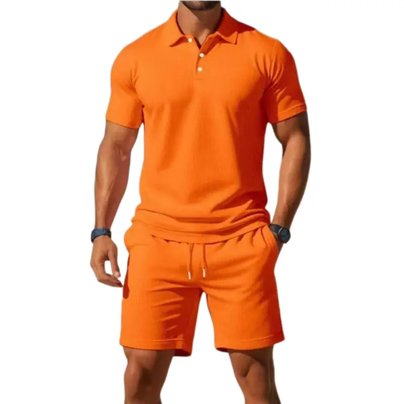 Men’s solid-color summer set featuring a short-sleeve polo shirt and drawstring shorts—casual, comfortable, breathable, slim fit, suitable for everyday wear and the beach. #SummerVibes, #SummerWins, #Father’sDayGift