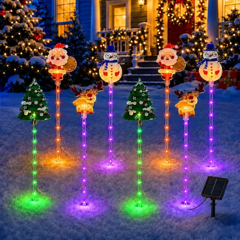 8-Piece Solar-Powered Festive Decorative Lights Set, Santa Claus Graphic Decorative Stake Decor with Acrylic Reindeer, Snowmen, Christmas Tree Designs, 8 Lighting Modes, IP44 Outdoor Decor, Holiday Lights for Paths