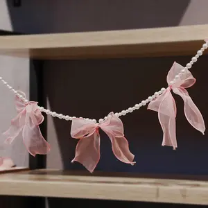 Imitation Pearl Bead & Ribbon Bow Garland, Elegant Hanging Decoration, Handmade Beaded Banner for Home, Wedding, Party, Festive Decor, Ornaments