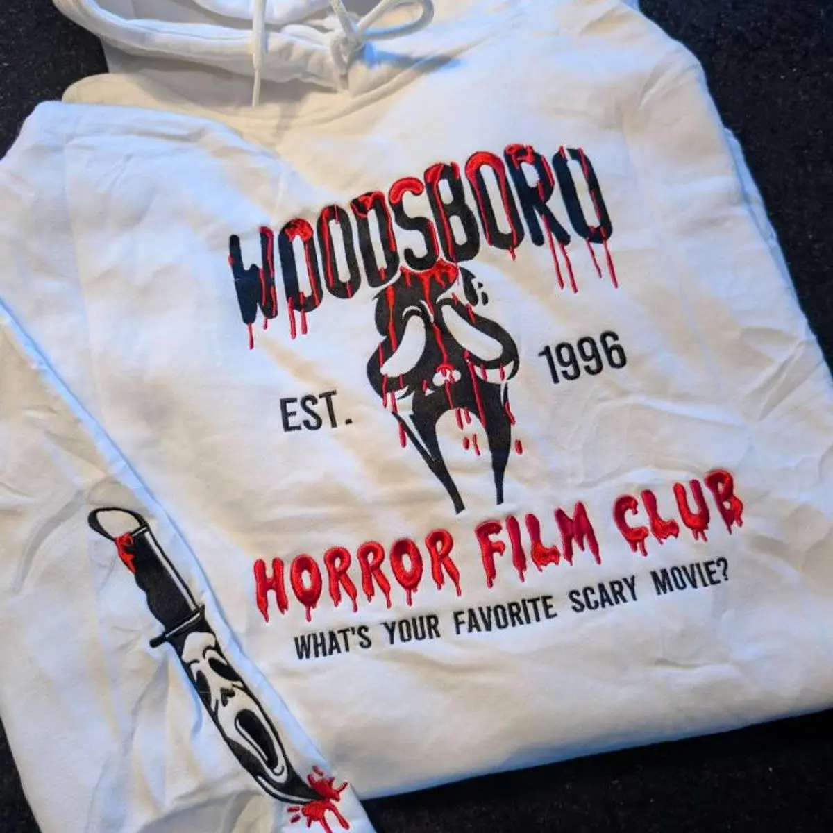 Woodsboro Horror Film Club Embroidered Sweatshirt, Scream Crewneck, Scary Movie Sweater, 90s Horror Movie Shirt