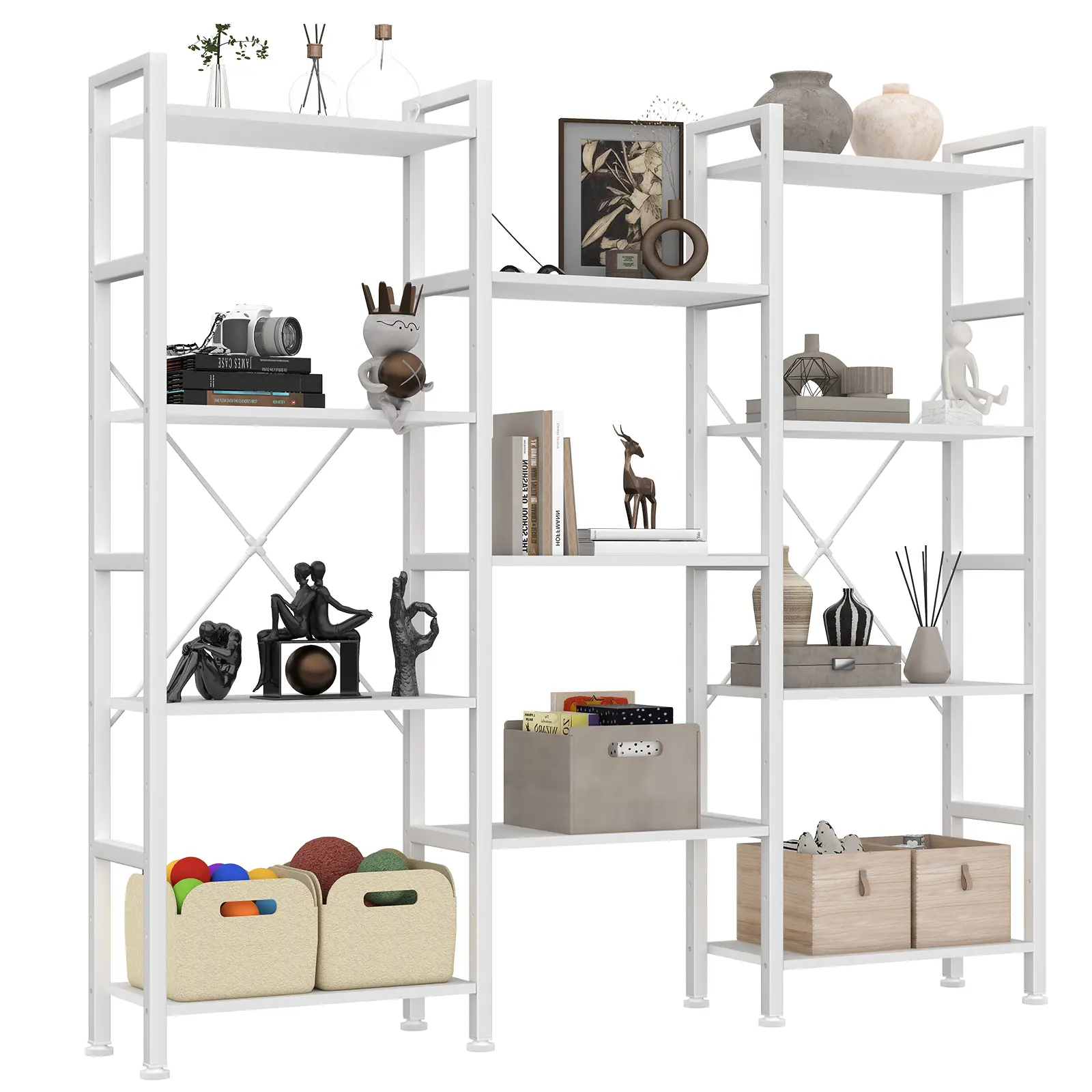 Wide Bookshelf with Adjustable Shelves, Convertible 3-Column 4-Tier Display Unit, Industrial Bookcase for Living Room & Home Office