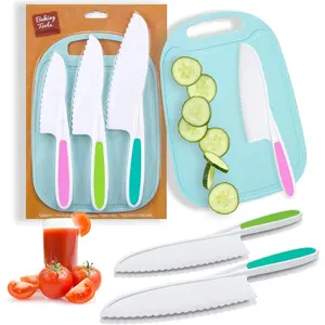 4 Pieces Kids Toddler Knife Set for Real Cooking Nylon Kitchen Baking Knife with Cutting Board Firm Grip Serrated Edges for Cutting Cakes Fruit Veggies & Bread