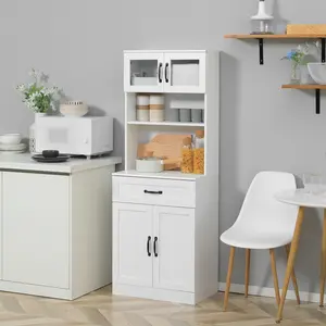63.5-Inch Freestanding Kitchen Floor Cabinet, 4-Door Buffet with Hutch, Adjustable-Shelf Coffee Bar Storage Cabinet, White