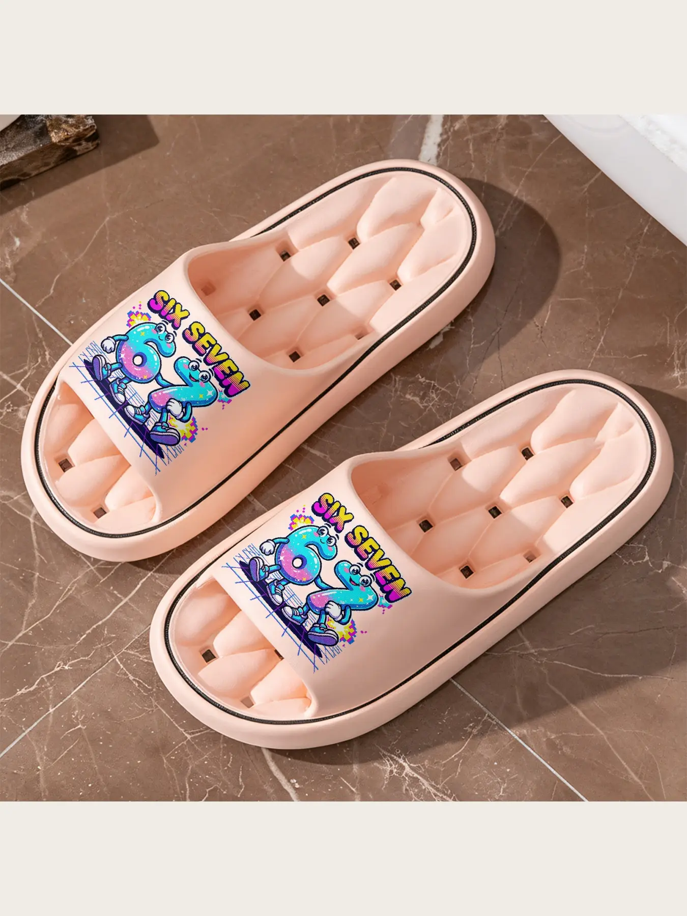 Cute Retro 90s Pixel Cartoon Number 6 7 Print Slippers for Men Women, Soft Lightweight Non-Slip House Slide Slippers, Comfortable Plush Indoor Outdoor Slip-On Shoes, Fun Vibrant Nostalgic Graphic Home Footwear for Casual Daily Wea