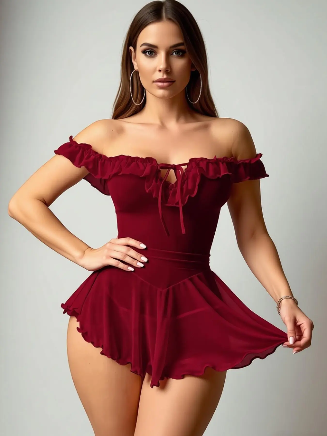 2-Piece Burgundy Off-Shoulder Sleeveless Ruffle Strap Chemise Nightgown & Panty Set, Waist Cinched Mini Dress, Sexy Loungewear for Date Night & Night Out, Valentine's Gift Lounge Dresses, Nightwear, Nighty Dress, Sleeveless Nightdress