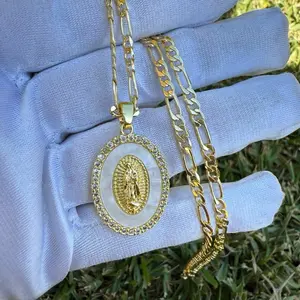 White Virgin Mary Necklace with Chain - Gold-Tone Pendant and Figaro Link Chain Jewelry