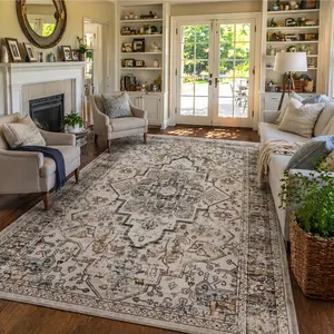 YIHOUSE 2nd Gen Fully Washable Neutral Boho Area Rug, Vintage Large Soft Carpet, Non Slip Low Profile Stain Resistant Floor Mat, Pet Kid Safe for Living Room Bedroom Nursery Dining Room, Decor Runner Rug