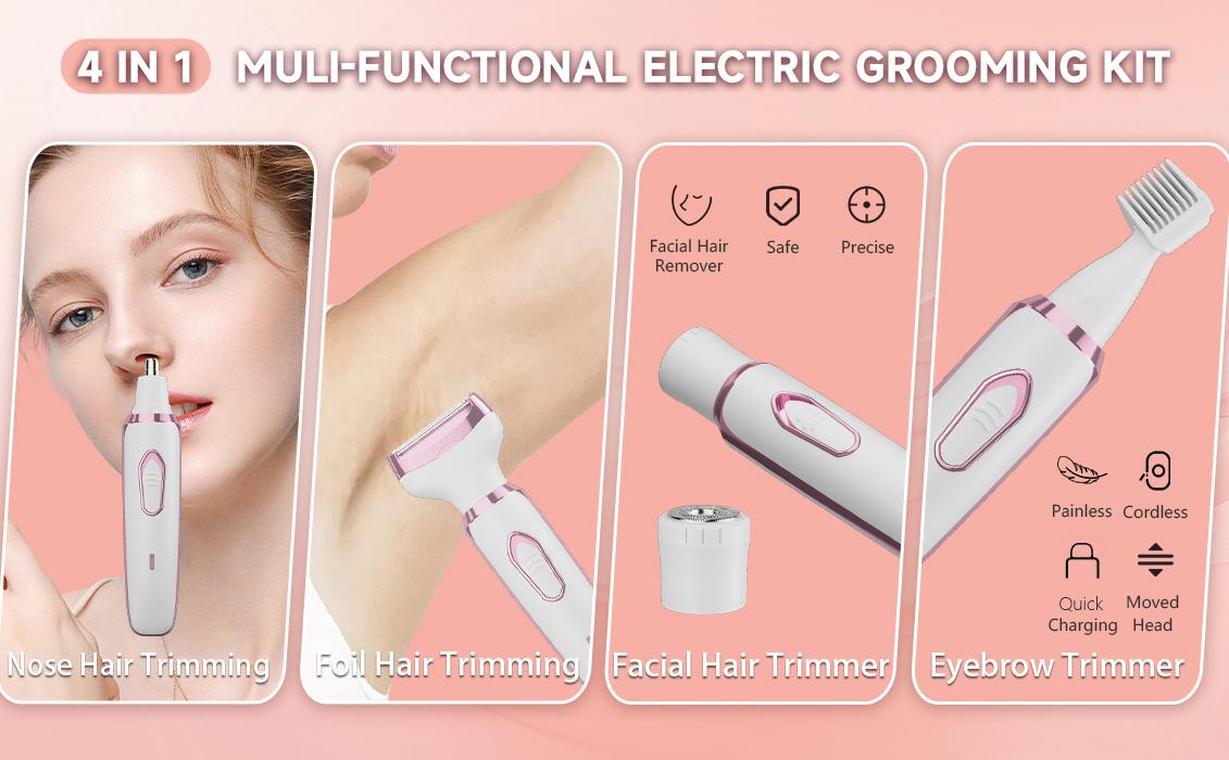 Women's Electric Shaver - 4-in-1 Waterproof Bikini Trimmer & Body Hair Remover, Painless Pubic Underarm Leg Hair Removal, Eyebrow Nose Trimmer Attachment, USB Rechargeable Cordless Razor for Sensitive Areas, Smooth Shaving Gift Kit Women's Electric Shaver - 4-in-1 Waterproof Bikini Trimmer & Body Hair Remover, Painless Pubic Underarm Leg Hair Removal, Eyebrow Nose Trimmer Attachment, USB Rechargeable Cordless Razor for Sensitive Areas, Smooth Shaving Gift Kit