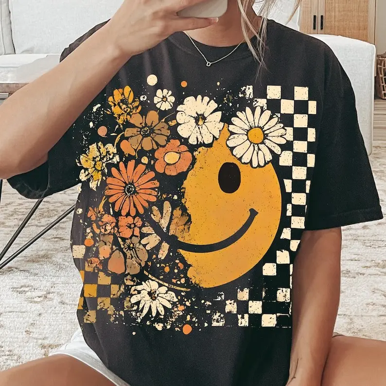 Floral Fall Smiley Face Unisex T-shirt, Fall Pumpkin Graphic Tee, Autumn Thanksgiving Design, Boho Floral Print Shirt, Comfortable Classic Fit, Menswear Style Top, Perfect Fall Vibes Shirt