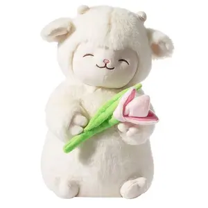 White Woolen Doll with Standing Posture, Cute Sheep, Kawaii Pink Lamb, Super Soft, Holding Flowers, Kawaii Gift, 27cm