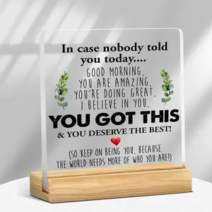 Inspirational Acrylic Quote Plaque with Wooden Stand, Transparent Desktop Sign, Desk Signage Decoration, Desk Decor for Home Office, Gift for Friends