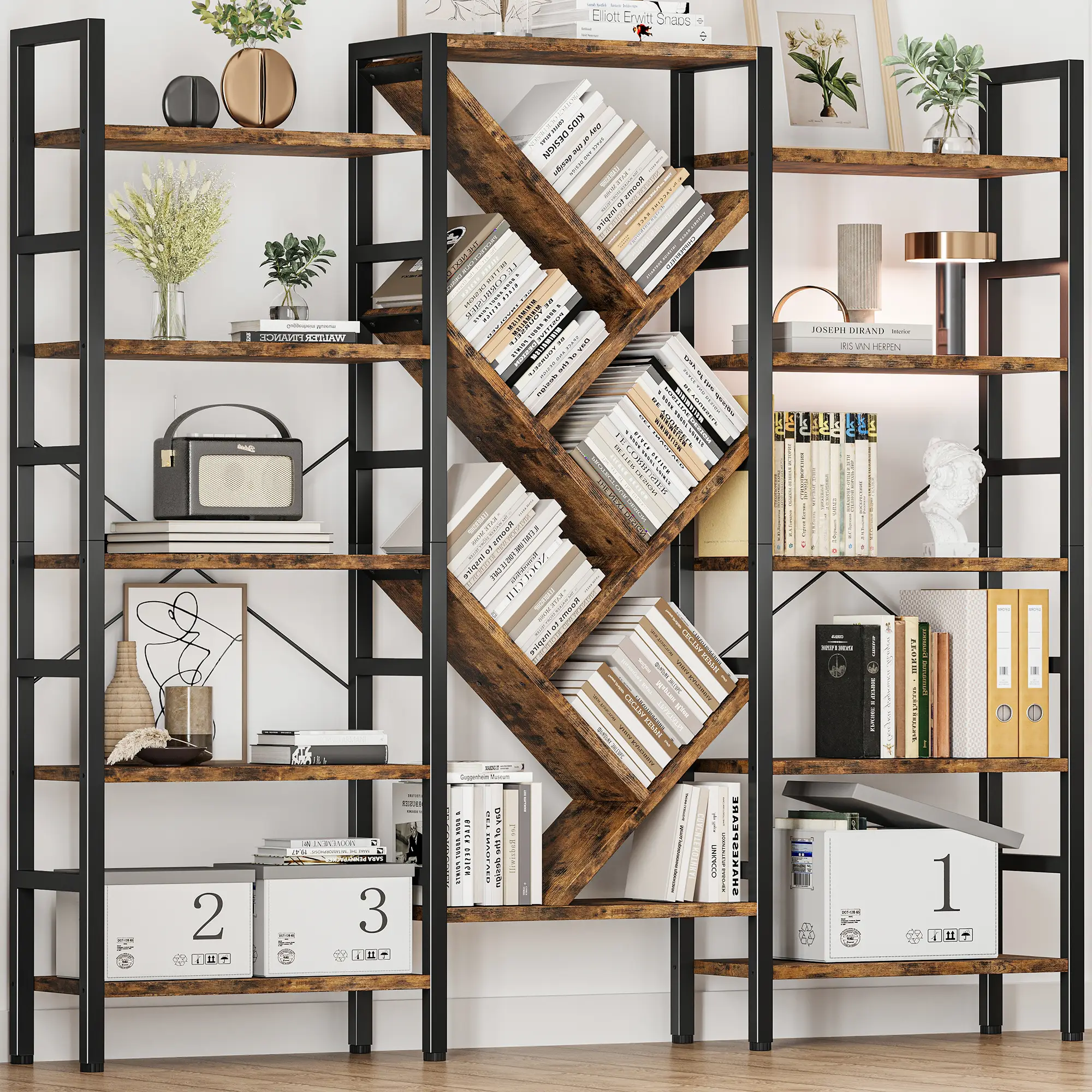 Triple 5 Tier Bookshelf, Large Wooden Bookcase with 17 Open Display Shelves, Modern Tree Book Shelf Metal Frame Tall Bookshelves Furniture for Living