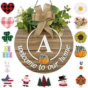 Interchangeable Seasonal Monogram Letter A Welcome Sign Front Door Decor Wooden Wreaths for Front Door Wreath Rustic Initial House Warming Porch Wall  Decorations for  Seasons