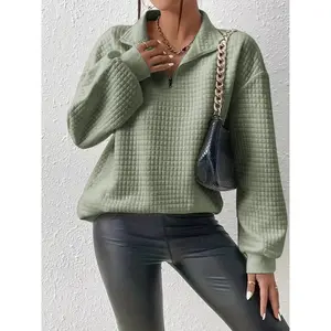 Womens Chic Waffle Grid Quarter Zip Pullover Sweatshirt - Cozy Fleece Lined, Lapel Collar, Long Sleeve - Perfect for Fall & Winter Styling