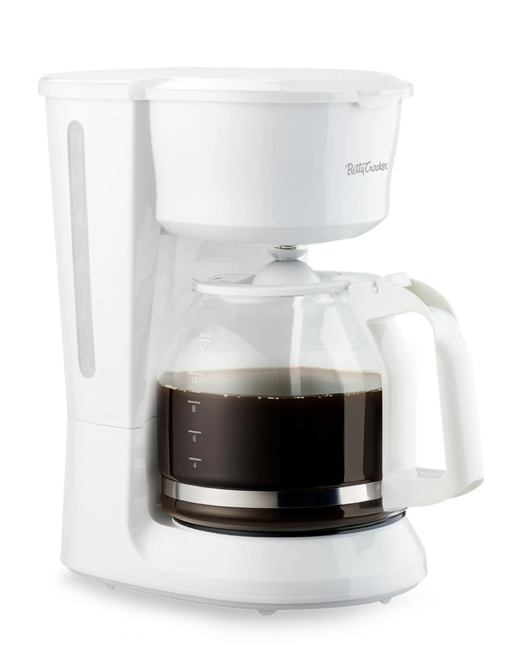 Betty Crocker 12-Cup Drip Coffee Maker with Heat Resistant Glass Carafe, Removable Filter Holder for No. 4 Cone Filters, Pause & Pour, Water Level Gauge, Non-Stick Warming Plate, BC-5729W, White