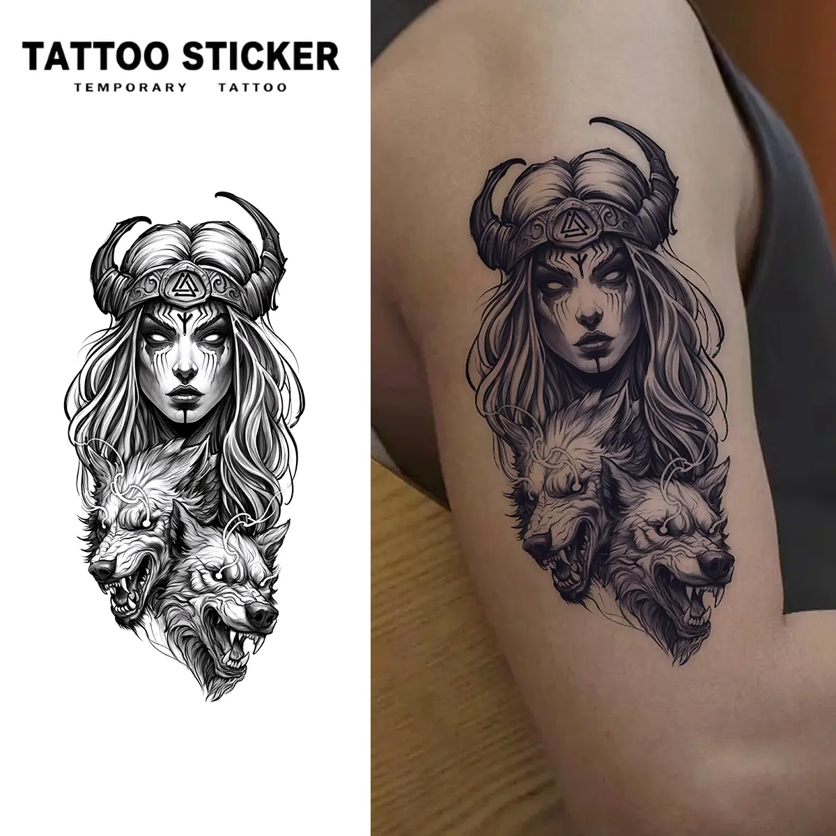 2 PCS Long Lasting Norse Goddess Warrior & Twin Wolves Tattoo Stickers Black Grey Shaded Valknut Symbol Waterproof Sweatproof Dark Aesthetic Forearm Arm Temporary Body Art For Alt Guys Girls