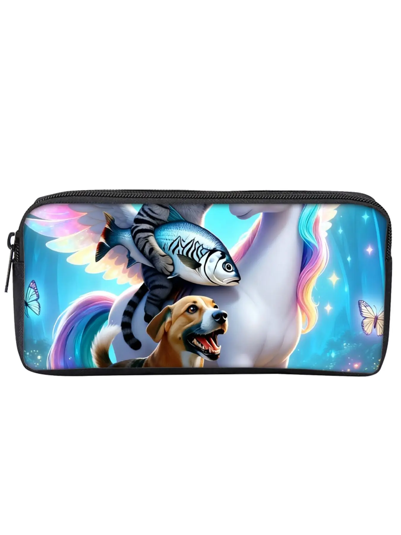 Single-layer pencil case with unicorn, cat and fish print