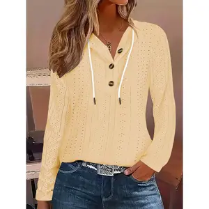 1pc Women'S Casual Sports Pullover - Polyester Knit Fabric with Embroidered Eyelet Detail, Hooded Collar, Button Twist, Loose Fit Long Sleeve Top for All Seasons