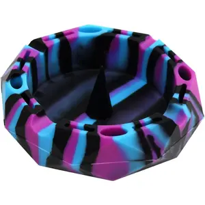 Silicone Geometric Ashtray - Black/Blue/Purple - Unbreakable Multipurpose Portable Storage Tray - w/Glass Friendly Tapping Center by