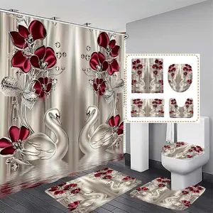 Swan & Rose Bath Curtain Set, Shower Curtain Set, Includes Hooks, Bathroom Decor, Pedestal Mat, Toilet Lid Cover, U-Shaped Pad, Ideal Gift