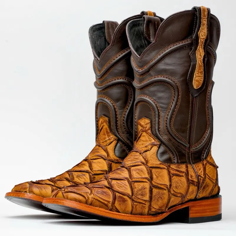 Matte Rustic Honey Pirarucu Leather Boots - Square Toe Matte Rustic Honey Pirarucu Leather Boots - Square Toe