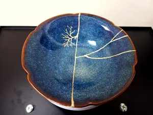 Deep Ocean Lotus Leaf – Kintsugi Restored Ceramic Plate