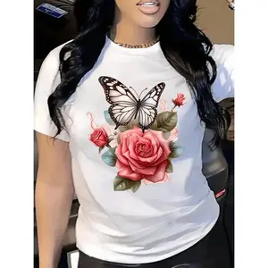 Women'S Floral & Print Crew Neck T-Shirt - Soft Breathable Short Sleeve Top with Pink Rose & Green Foliage Design, Casual Elegant Casual Attire, Versatile Summer Party Outfit, All-Season Comfort, Shipped Locally