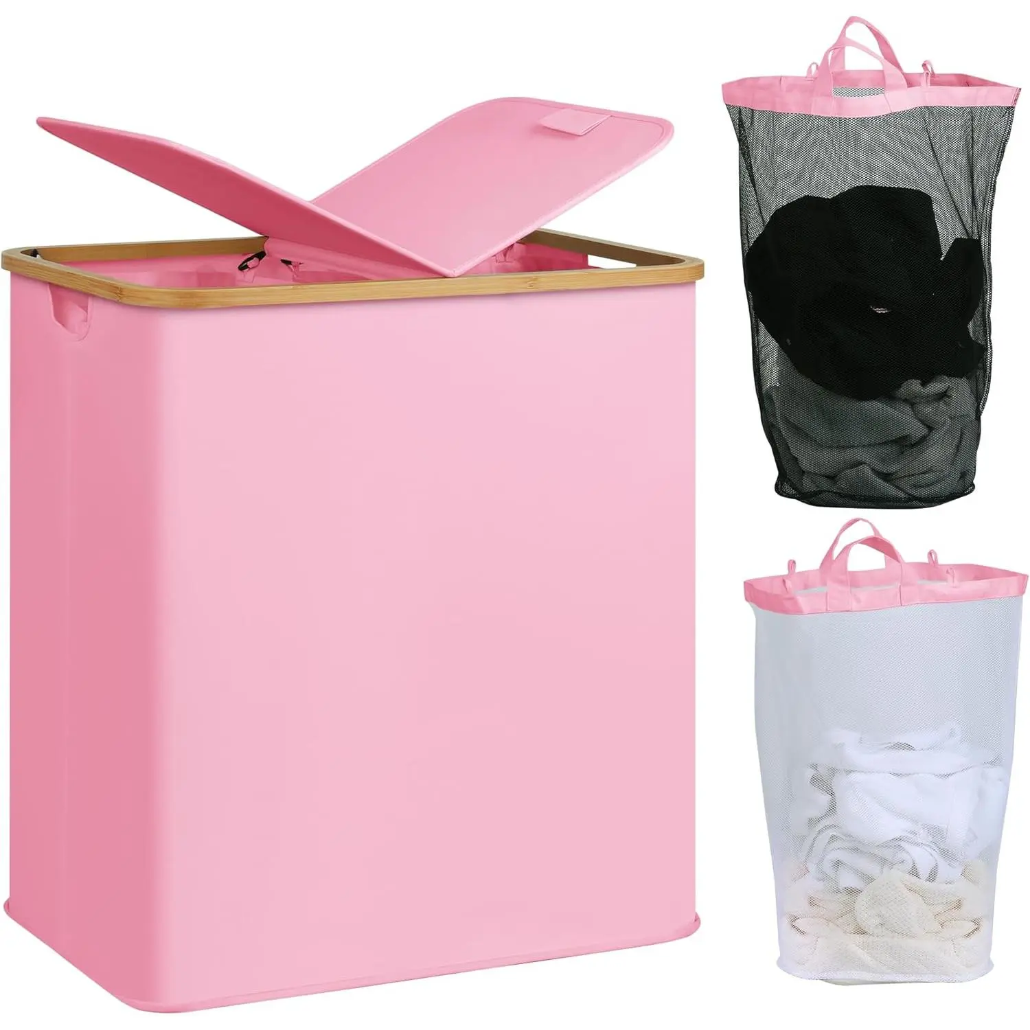 Laundry Hamper with Lid, Double Laundry Hamper with 2 Removable Bags, 2 Section Laundry Basket with  Handles for Bathroom, Bedroom & Laundry Room (Pink, 140L Dual)