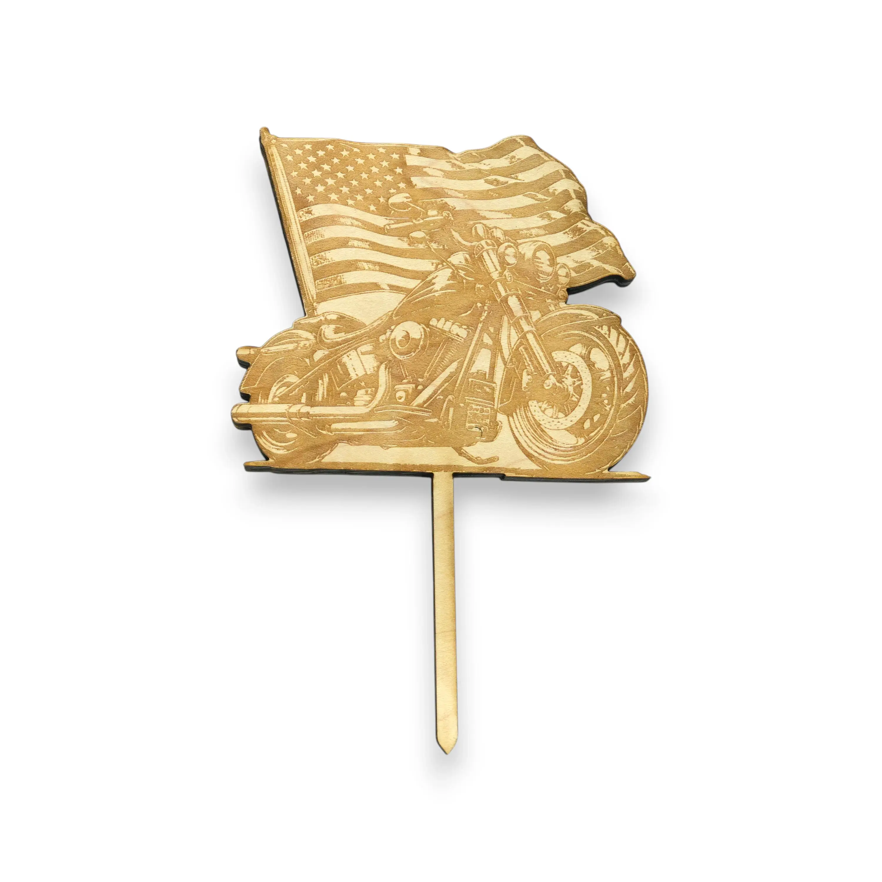 Cake Topper - Motorcycle with flag - Raw Wood