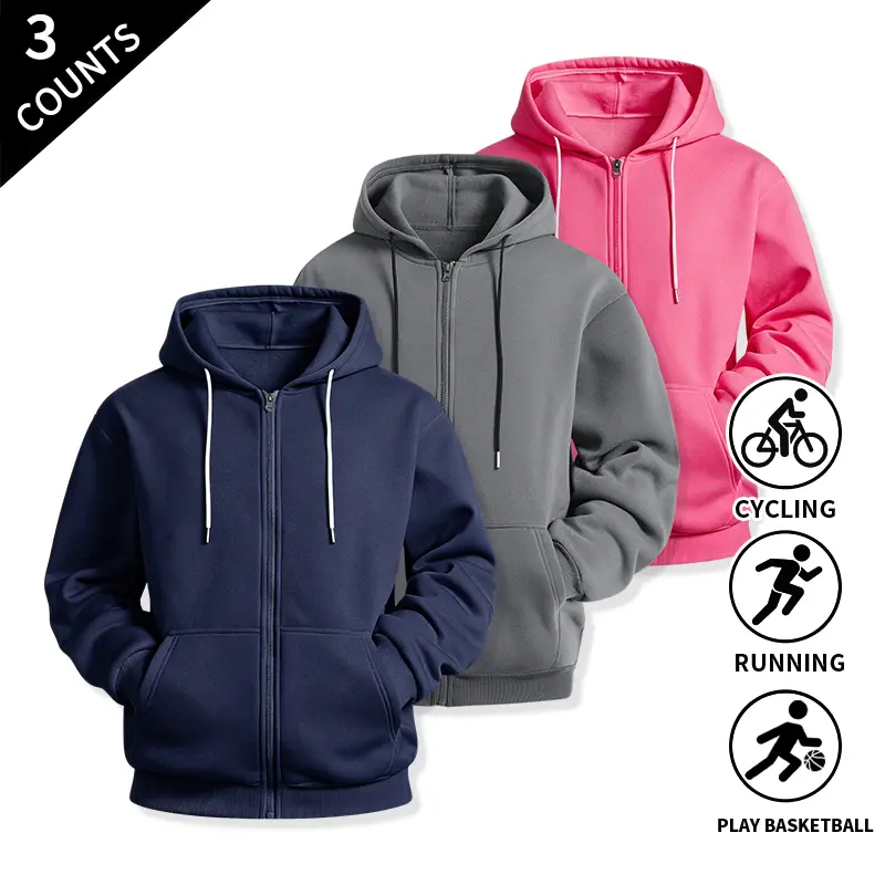 3-Pack Men’s Full-Zip Hooded Sweatshirts, Standard Fit, Lightweight Outerwear with Kangaroo Pockets — Solid Basic Athletic Hoodies for Running, Cycling, Basketball, Gym, and Everyday Casual Outfits
