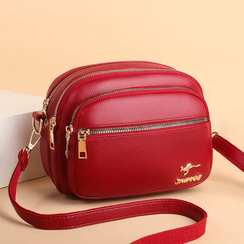 Crossbody Sling Bags Fanny Packs Leather Purses Chest Bag for Women Red/Black Color with Gold Accents and Zipper Details