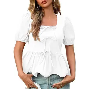 Tankaneo Women's Summer Peplum Babydoll Tops Square Neck Short Puff Sleeve Blouses Ruffle Cute Bow Shirts