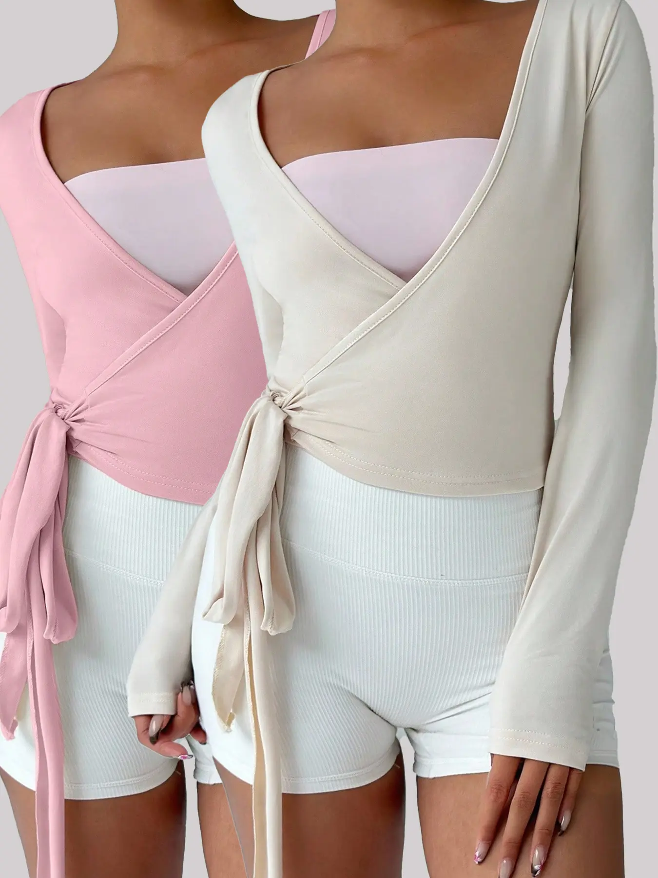 Women's Multi-Color Yoga Fitness Sport Cardigan-style V-Neck Tie-Waist Long-Sleeve Fitted Crop Top Two-Piece Set, Athletic Fashion Activewear, Athleisure Activewear Set, for Spring and Autumn, Workout Running Clothes, Exercise Clothing Set