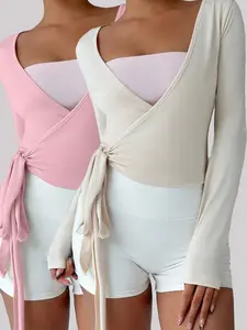Women's Multi-Color Yoga Fitness Sport Cardigan-style V-Neck Tie-Waist Long-Sleeve Fitted Crop Top Two-Piece Set, Athletic Fashion Activewear, for Spring and Autumn, Workout Running Clothes