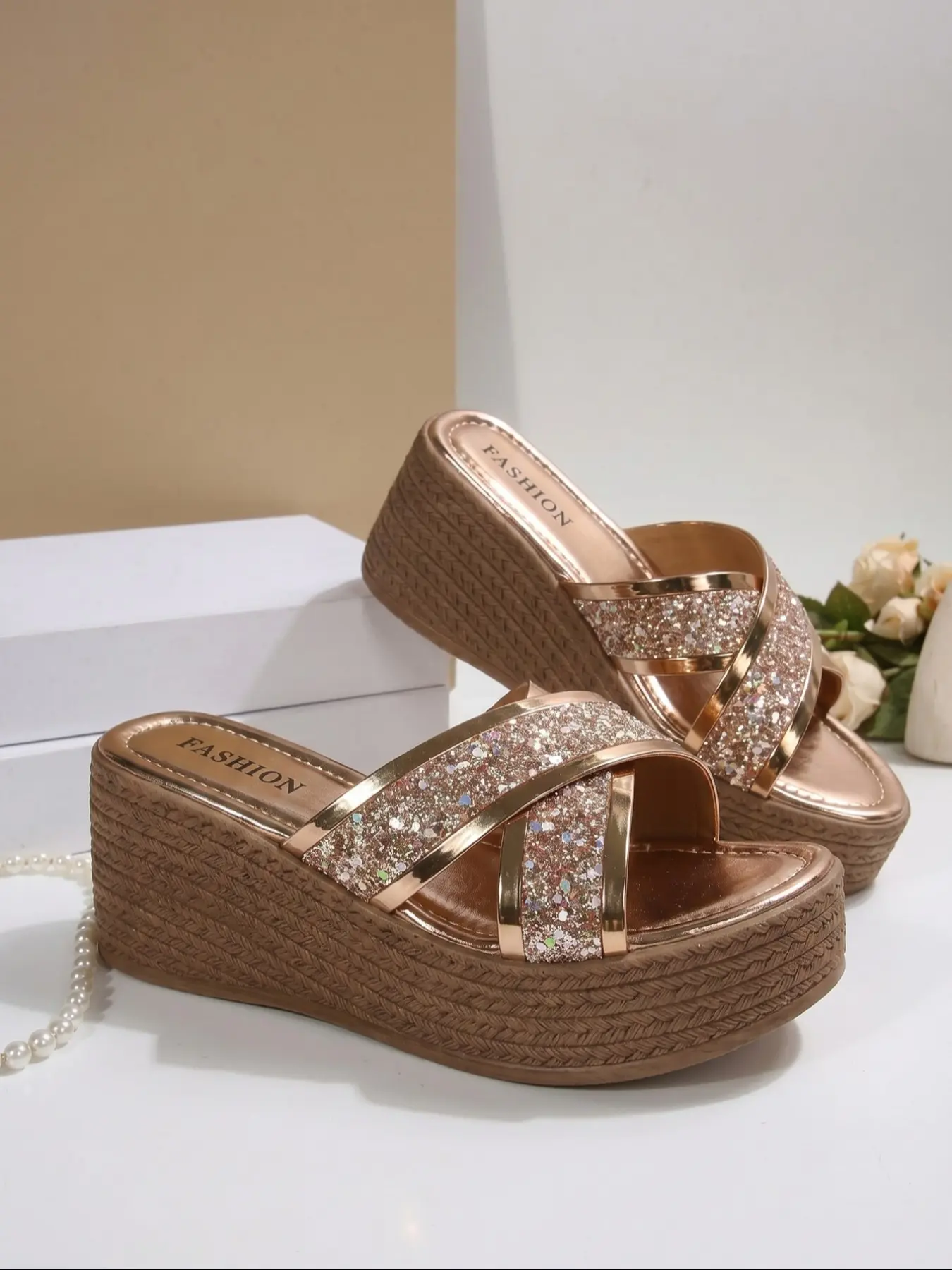 Rose Gold Sequin Cross Strap Glitter Decorated Sandals for Women, Soft Sole Anti-Slip Thick Heel, Elegant Beach Vacation Shoes, Daily Commute Casual Footwear