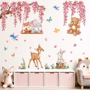 Pink Cherry Blossom Woodland Animal Wall Stickers, Removable No Residue Wall Decals for Girls Nursery, Baby Room & Playroom Wall Art