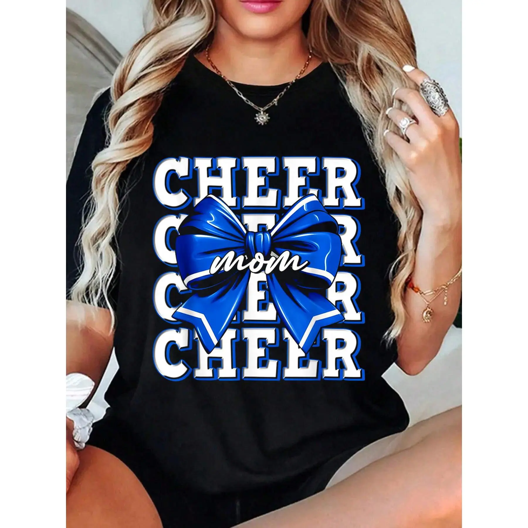 Women's Cheer Mom Cotton T-Shirt - Comfortable Fabric, Casual Essential for Cheerleader Competition Game Day, Lightweight, Simple, Tee, Breathable Fabric, Round Neck
