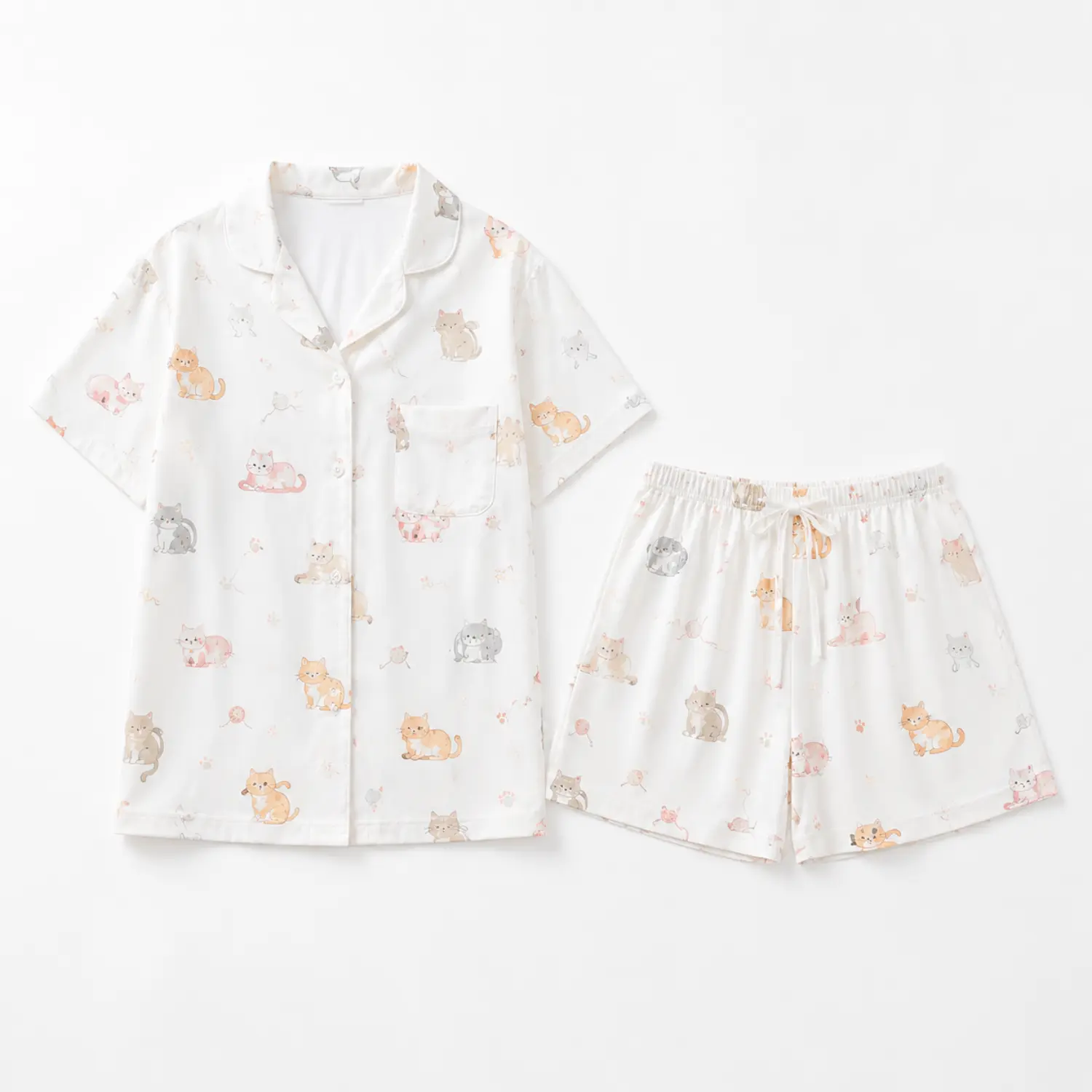 Cute Cat Print Short Sleeve Button Front Sleepwear Pajama Set with Collared Top, Chest Pocket, and Matching Elastic Waist Shorts